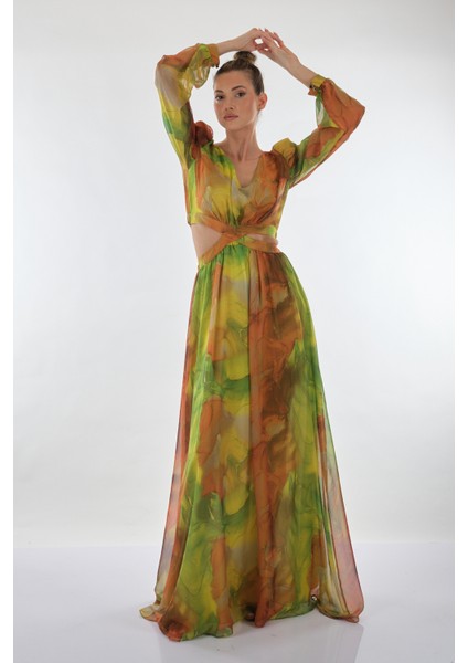 V Yaka Uzun Kol Maxi Şifon Elbise - Bohemian Stil modelleri