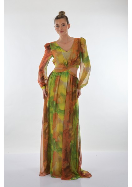 V Yaka Uzun Kol Maxi Şifon Elbise - Bohemian Stil fırsatları