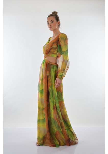 V Yaka Uzun Kol Maxi Şifon Elbise - Bohemian Stil indirimleri