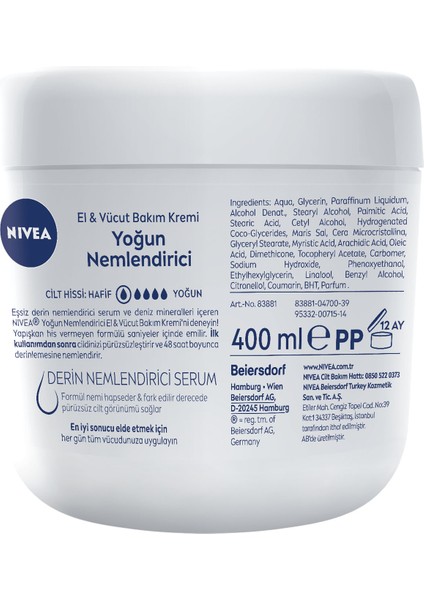 NIVEA El ve Vücut Bakım Kremi Yoğun Nemlendirici 400ml, 48 Saat Nemlendirici, Deniz Mineralleri