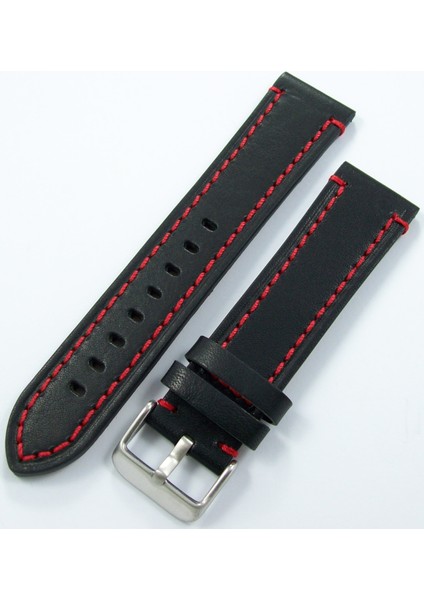 Bizon Siyah Deri Saat Kordonu 24MM Kırmızı Spor Dikişli Kayışı Dü