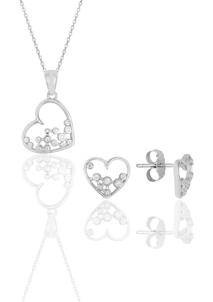 Gümüş Rodyumlu Zirkon Taşlı Kalp Kolye Kupe Ikili Set..