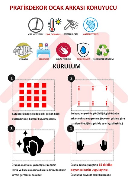 Ocak Arkası Cam Koruyucu Tezgah Ankastre Arkası Koruyucu 50X50  cm |