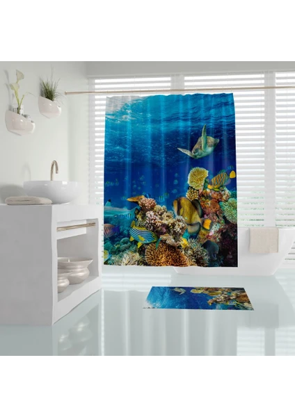 Tropik Home Akvaryum Desen Banyo PERDESI-180X200 cm Duş Perdesi, Dijital Baskılı Tek Kanat Küvet Perdesi