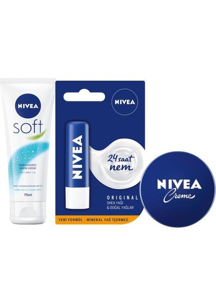 Nıvea Soft 75 ml + Nıvea Dudak Kremi Original + Nıvea Krem 75 ml