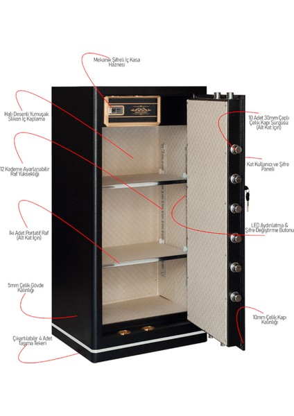 Grand Safe Box 120H Büyük Boy Şifreli Anahtarlı Çelik Kasa Yekpare Büyük Alan