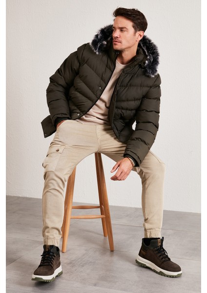 Slim Fit Suni Kürklü Peluş Astarlı Çıkarılabilir Kapüşonlu Şişme Mont Erkek Mont 5761080 B modelleri