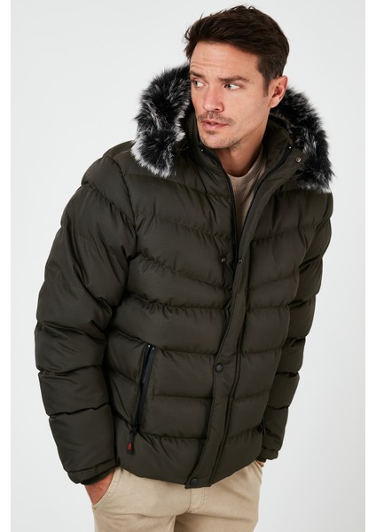 Slim Fit Suni Kürklü Peluş Astarlı Çıkarılabilir Kapüşonlu Şişme Mont Erkek Mont 5761080 B fırsatları