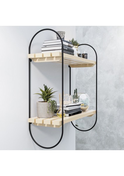 Kitaplık Duvar Rafı Ahşap Salon Banyo Mutfak Rafı 2 Katlı Mat Siyah Paslanmaz Çelik