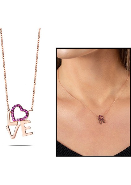 Pembe Zirkon Taşlı Love-Kalp Tasarım 925 Ayar Gümüş Bayan Kolye