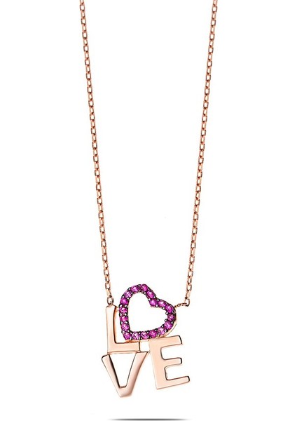Pembe Zirkon Taşlı Love-Kalp Tasarım 925 Ayar Gümüş Bayan Kolye indirimleri