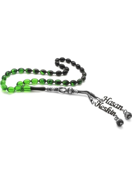 1000 Ayar Çift Kazaz Püsküllü Arpa Kesim Isim Yazılı Yeşil Ateş Kehribar Tesbih