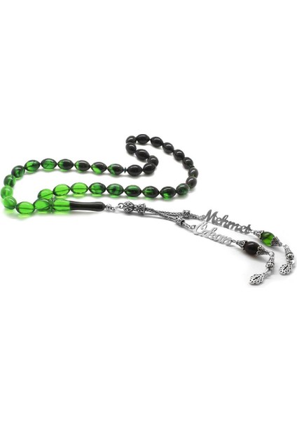 925 Ayar Gümüş Püsküllü Arpa Kesim Isim Yazılı Yeşil Ateş Kehribar Tesbih
