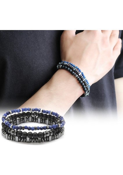 Küre Kesim Siyah Oniks-Lapis-Hematit Kombinli Doğaltaş Bileklik