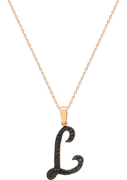 3D Tasarım Siyah Zirkon Taşlı 925 Ayar Gümüş El Yazısı Harf Kolye L modelleri