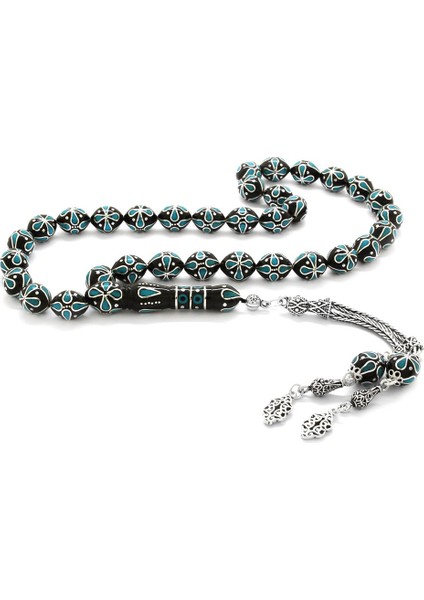 925 Ayar Gümüş Püsküllü Gümüş-Firuze Işlemeli Erzurum Oltu Taşı Tesbih