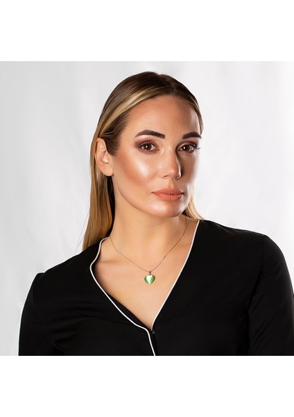 Kalp Tasarım 925 Ayar Gümüş Zincirli Çift Taraflı Fıstık Yeşil Kedigözü Kolye fiyatları
