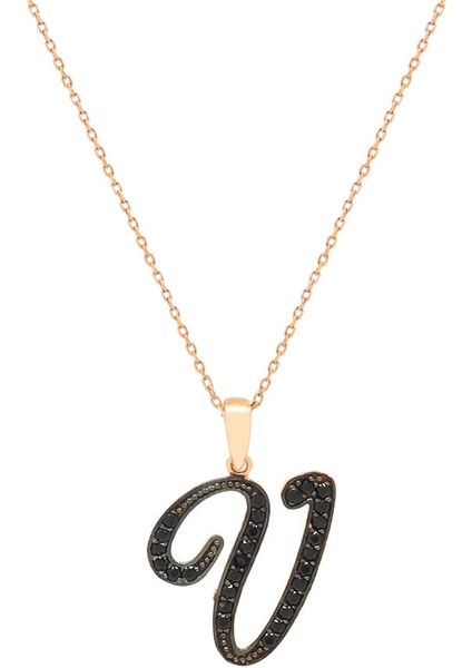 3D Tasarım Siyah Zirkon Taşlı 925 Ayar Gümüş El Yazısı Harf Kolye V modelleri