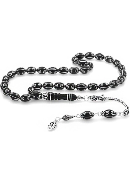 925 Ayar Gümüş Kral Püsküllü Gümüş Işlemeli Arpa Kesim Erzurum Oltu Taşı Tesbih