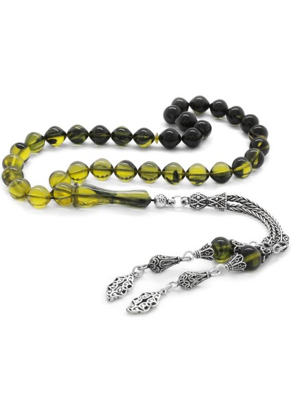 925 Ayar Gümüş Püsküllü Istanbul Kesim Süzme Sarı-Siyah Ateş Kehribar Tesbih