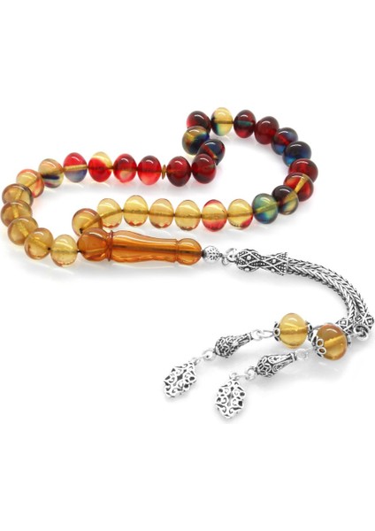 925 Ayar Gümüş Püsküllü Tekerlek Kesim Süzme Bonibon Ateş Kehribar Tesbih