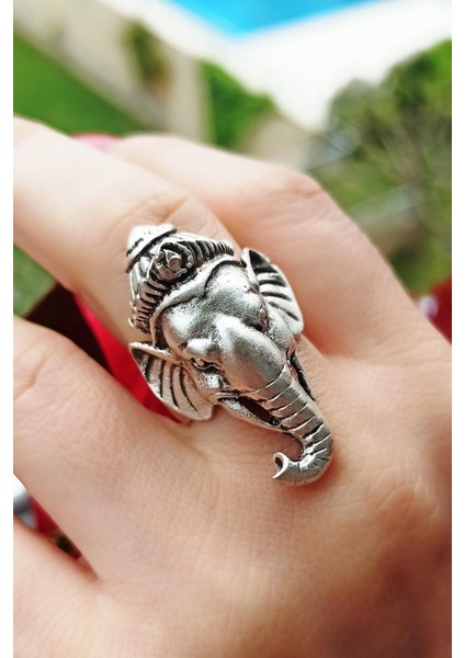 Antik Gümüş Kaplama Ganesha Şekilli Ayarlanabilir Unisex Yüzük
