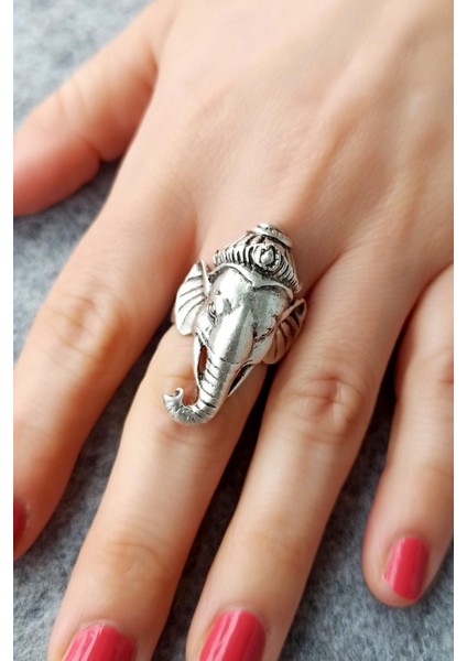 Antik Gümüş Kaplama Ganesha Şekilli Ayarlanabilir Unisex Yüzük modelleri