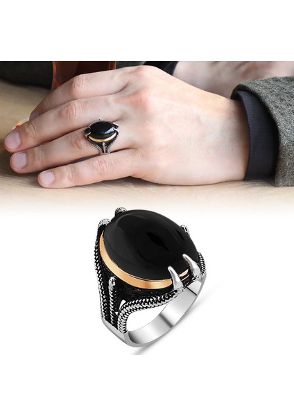 Pençe Tasarım Siyah Oniks Taşlı 925 Ayar Gümüş Erkek Yüzük