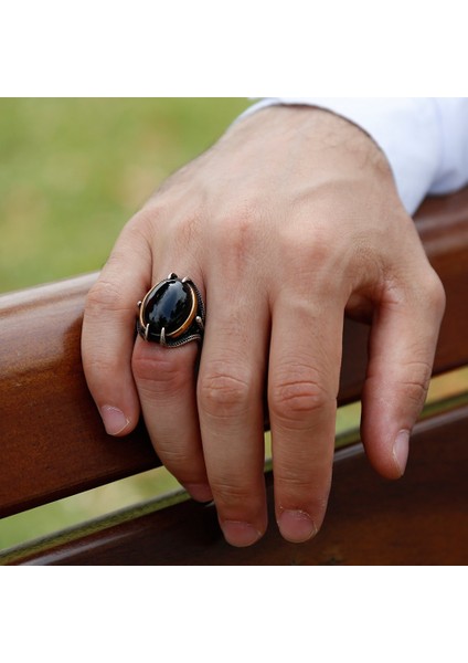 Pençe Tasarım Siyah Oniks Taşlı 925 Ayar Gümüş Erkek Yüzük indirimleri