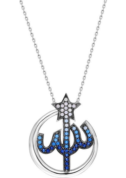 Mavi Zirkon Taşlı Arapça Allah Yazılı 925 Ayar Gümüş Bayan Kolye modelleri