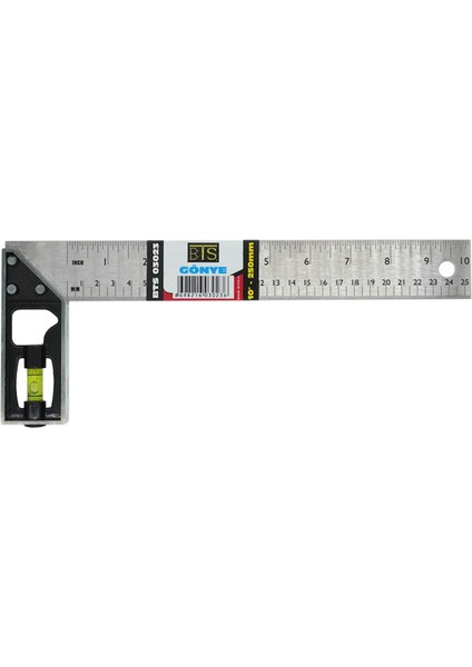 03023 Su Terazili Açı Ölçer Cetvel Marangoz Gönye 90° 25 cm