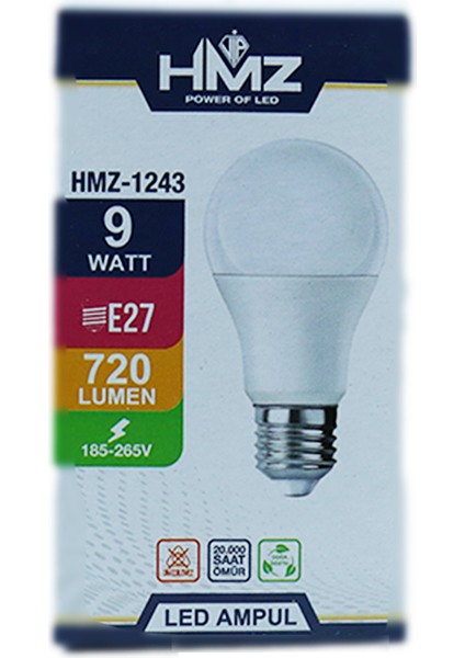 9W 185-265V 720LM 6500K E27 A60 LED Normal Ampul 5 Adet