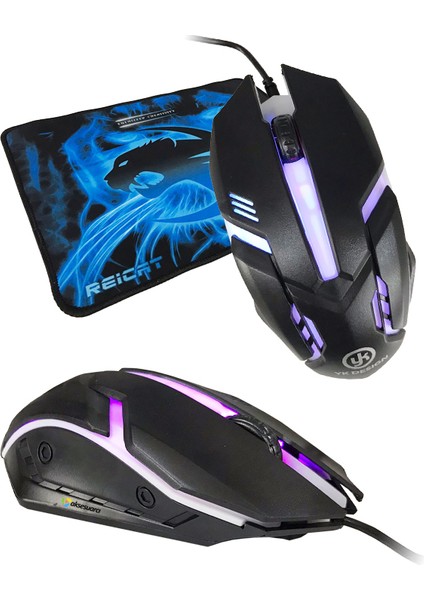 Oyuncu Mouse + Mouse Pad Set, Yüksek Kalite, Rgb Işıklı Gaming Mouse ve 30X24CM Desenli Mousepad