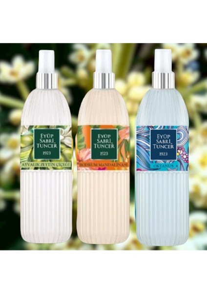 Eyüp Sabri Tuncer set Sprey Kolonya Ayvalık Zeytin Çiçeği 150 ml + Bodrum Mandalinası 150 ml + Okyanus 150 ml