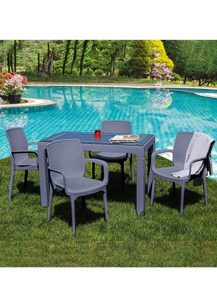 Rattan 70 x 120 cm Camlı Bahçe Balkon Teras Masa Takımı 4'lü Sandalye