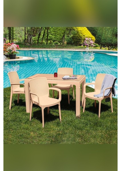 Çavdar Group Rattan 70 x 120 cm Camlı Bahçe Balkon Teras Masa Takımı 4'lü Sandalye