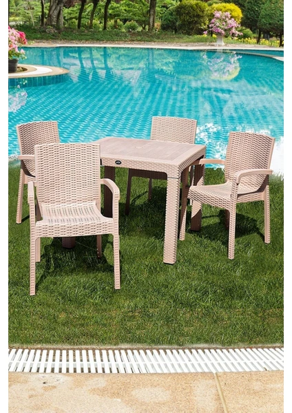 Çavdar Group Violet Rattan 90 x 90 cm Camsız Bahçe Balkon Teras Masa Takımı 4'lü Sandalye