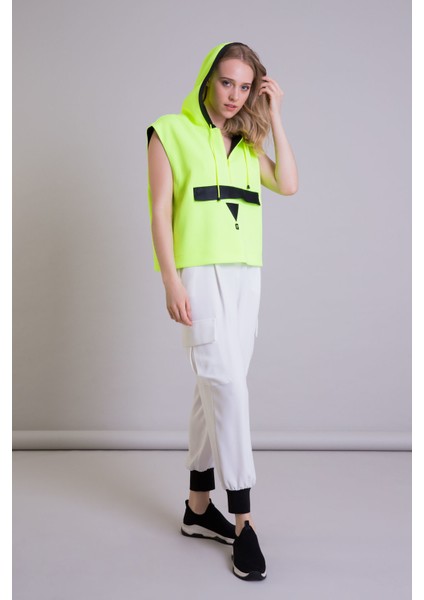 Kapüşonlu Kolsuz Neon Sarı Kısa Sweatshirt