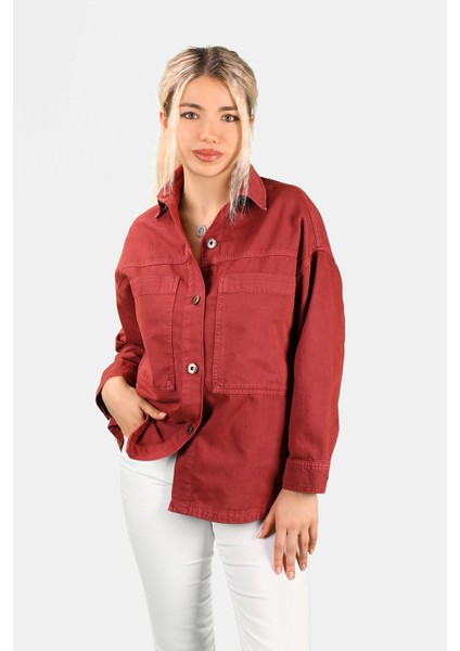 Kadın Oversize Dökümlü Gömlek Vişne