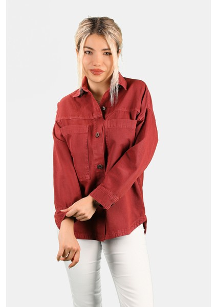 Kadın Oversize Dökümlü Gömlek Vişne modelleri