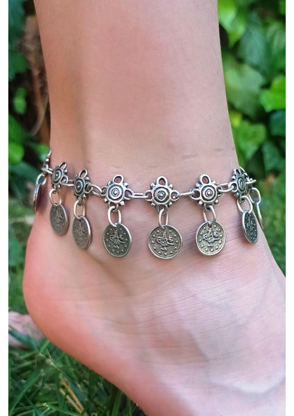 Antik Gümüş Kaplama Tek Sıra Desenli & Tuğra Şekilli Kadın Halhal