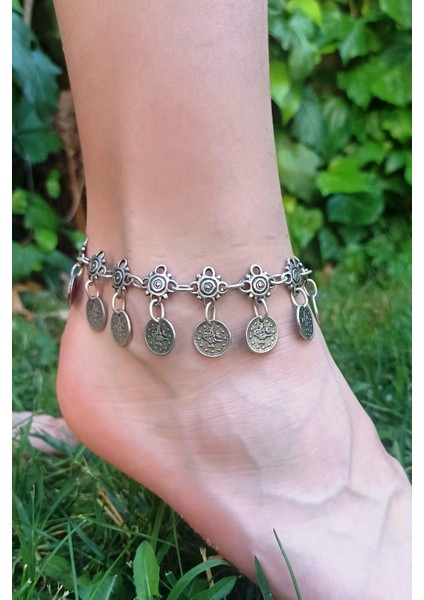 Antik Gümüş Kaplama Tek Sıra Desenli & Tuğra Şekilli Kadın Halhal fiyatları