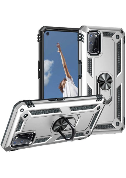 Oppo A52 Uyumlu Kılıf Stand Yüzüklü Kapak Military Metal Solid Ring Case