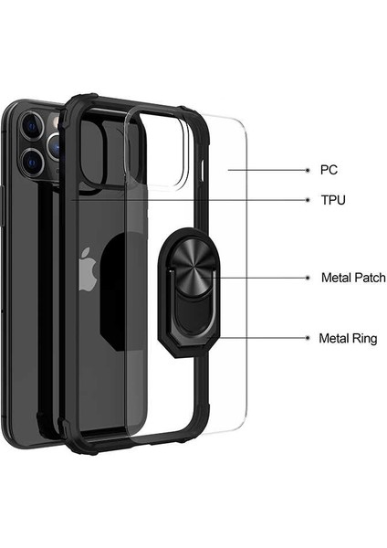 Apple iPhone 12 Pro Uyumlu Kılıf Standlı Yüzüklü Şeffaf Metal Ring Ultra Protective Case