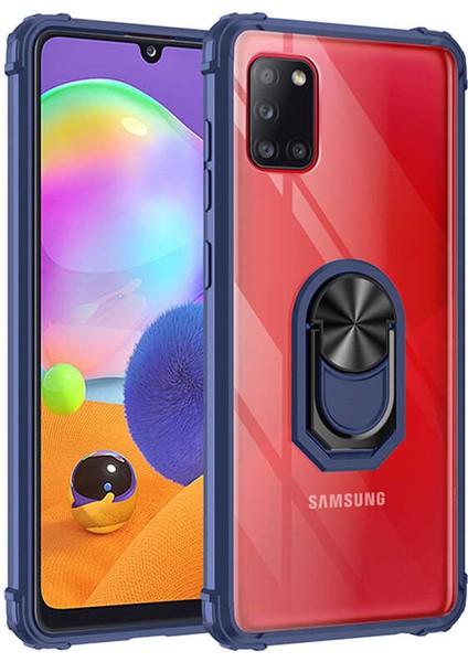 Samsung Galaxy A31 Uyumlu Kılıf Standlı Yüzüklü Şeffaf Metal Ring Ultra Protective Case