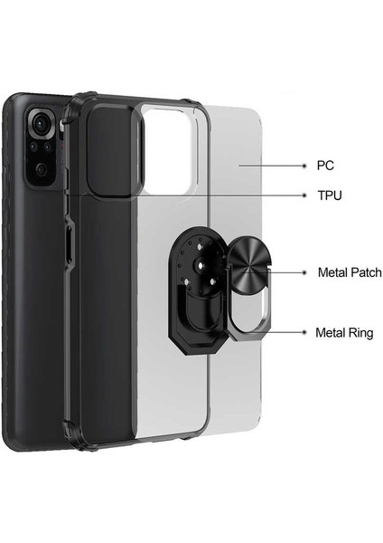 Xiaomi Redmi Note 10 Uyumlu Kılıf Standlı Yüzüklü Şeffaf Metal Ring Ultra Protective Case