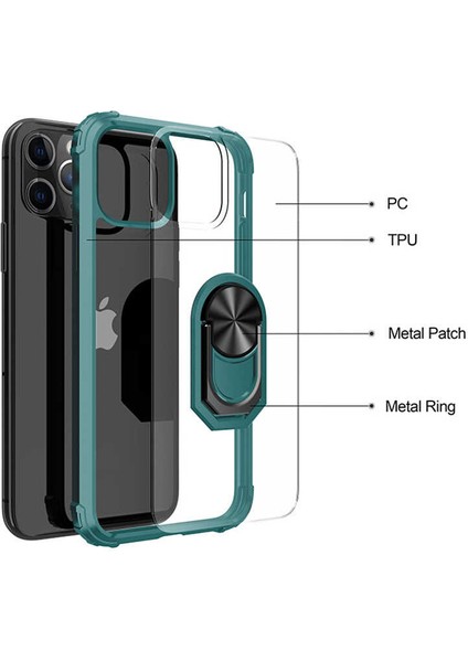 Apple iPhone 11 Pro Max Uyumlu Kılıf Standlı Yüzüklü Şeffaf Metal Ring Ultra Protective Case