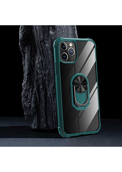 Apple iPhone 11 Pro Max Uyumlu Kılıf Standlı Yüzüklü Şeffaf Metal Ring Ultra Protective Case