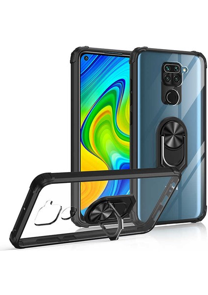 Xiaomi Redmi Note 9 Uyumlu Kılıf Standlı Yüzüklü Şeffaf Metal Ring Ultra Protective Case