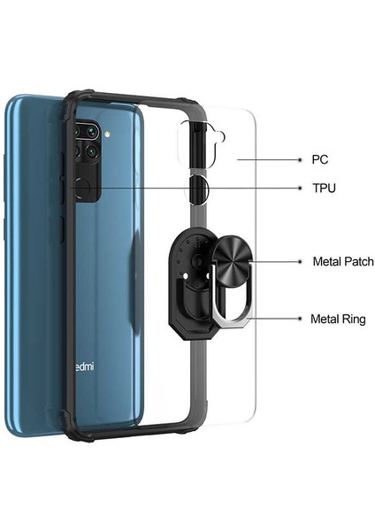 Xiaomi Redmi Note 9 Uyumlu Kılıf Standlı Yüzüklü Şeffaf Metal Ring Ultra Protective Case